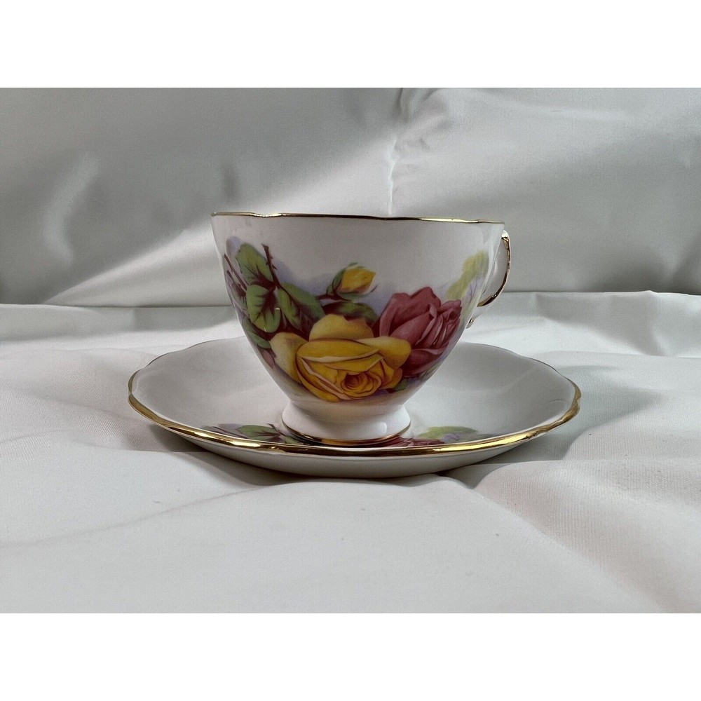 Royal Kent Bone China Pink Yellow Roses Teacup and‎ Saucer Staffordshire 8263